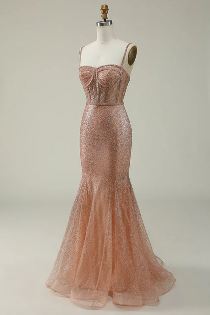 Vestido de fiesta largo Amzcw con tirantes finos de sirena y lentejuelas ruborizadas 