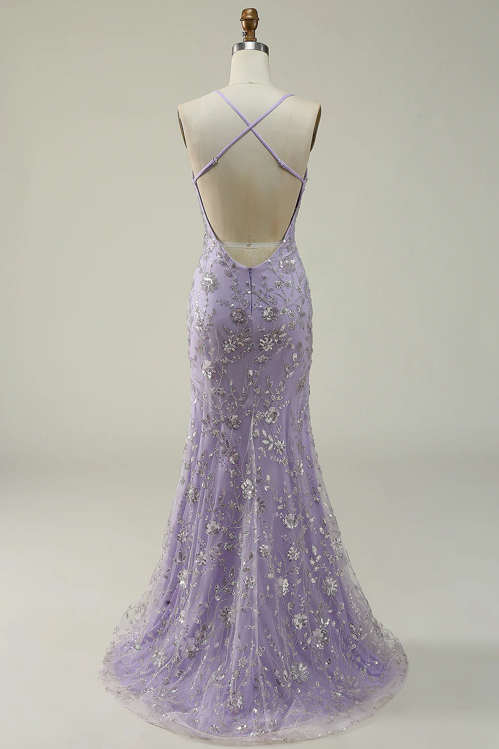 Vestido de fiesta largo morado con tirantes finos y sirena de Amzcw con cuentas 