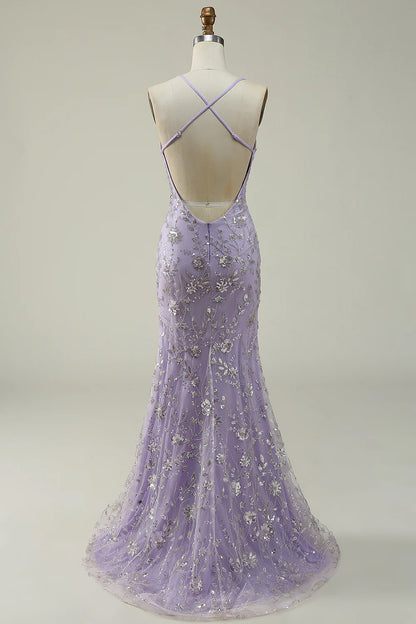 Vestido de fiesta largo morado con tirantes finos y sirena de Amzcw con cuentas 