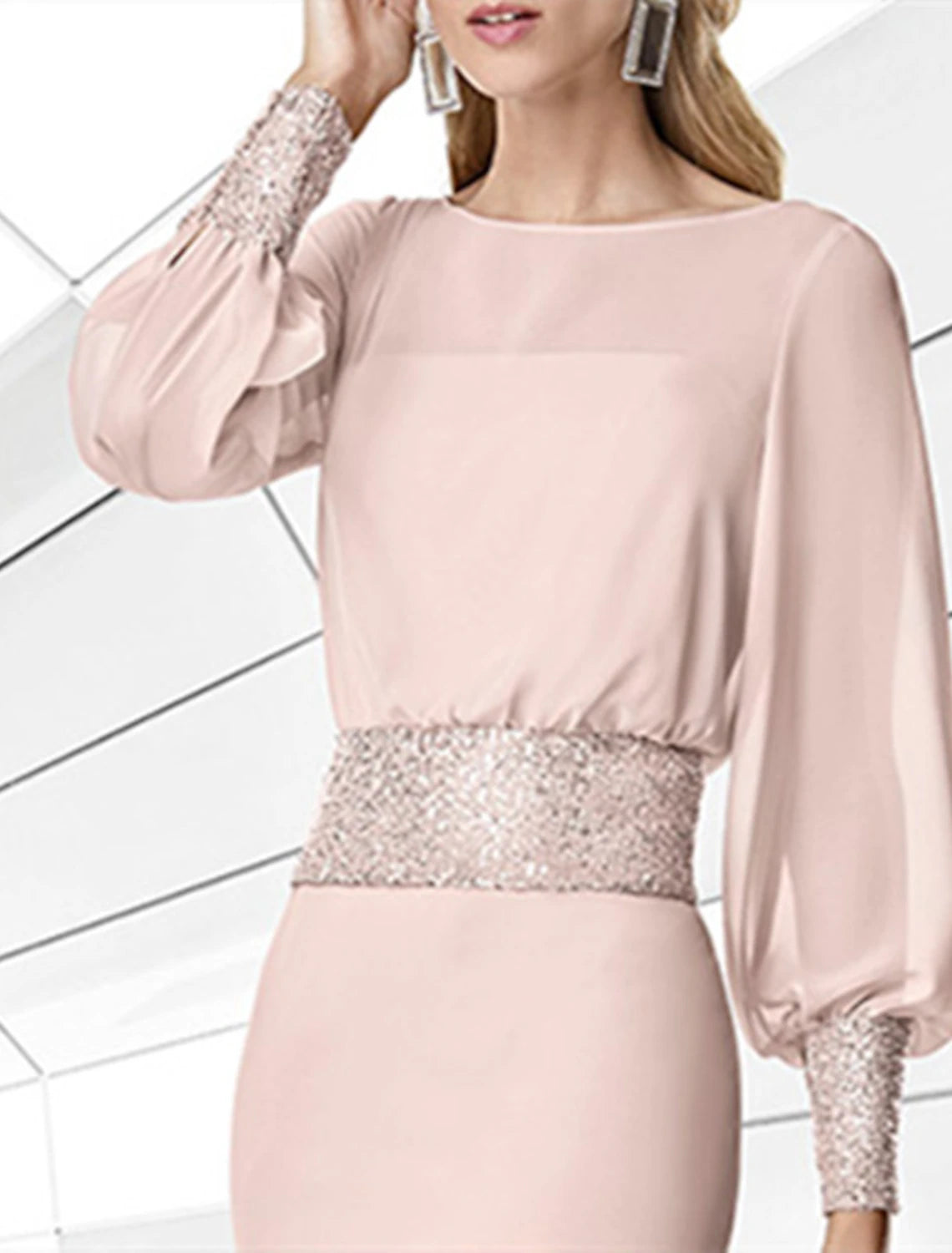 Vestido de cóctel con corte tubo/columna, elegante, para fiesta, boda, largo hasta la rodilla, manga larga, cuello joya, para invitados de boda, de otoño, de gasa con diamantes de imitación.