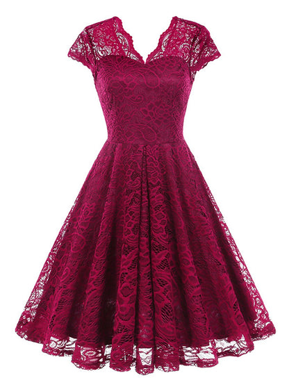 Women's Vintage Dress Party Dress Lace Dress Mini Dress Light Yellow Black Pink Short Sleeve Pure Color Lace Spring Fall Winter V Neck Vintage Christmas Wedding Guest Birthday