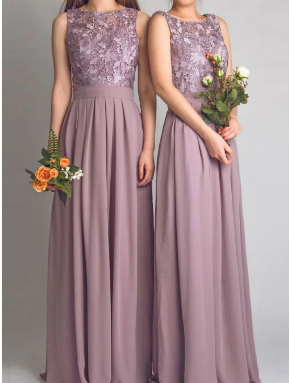 Vestido de dama de honor de corte A, escote redondo, sin mangas, elegante, largo hasta el suelo, de gasa con encaje/fruncido
