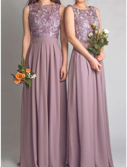 Vestido de dama de honor de corte A, escote redondo, sin mangas, elegante, largo hasta el suelo, de gasa con encaje/fruncido