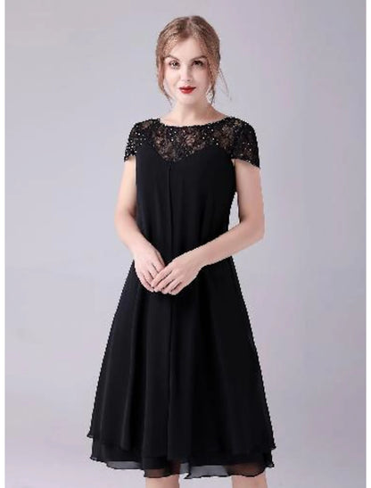 A-Line Mother of the Bride Dress Plus Size Elegant Jewel Neck Knee Length Chiffon Short Sleeve with Lace Beading Tier