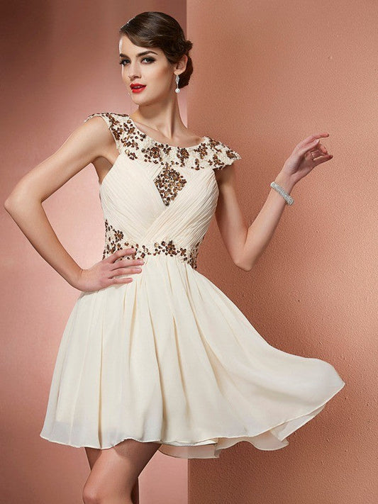 Vestidos de dama de honor cortos de gasa con apliques de cuentas y escote redondo sin mangas de corte A/princesa
