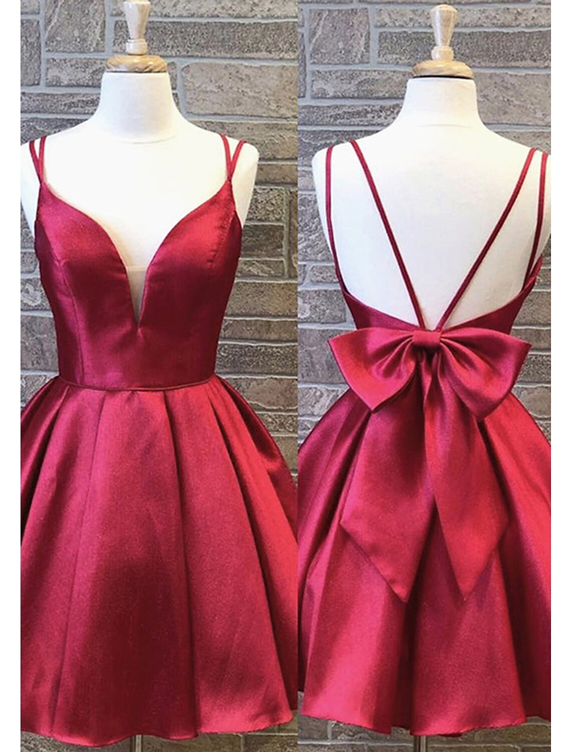 A-Line backless homecoming dress with spaghetti straps and bows.