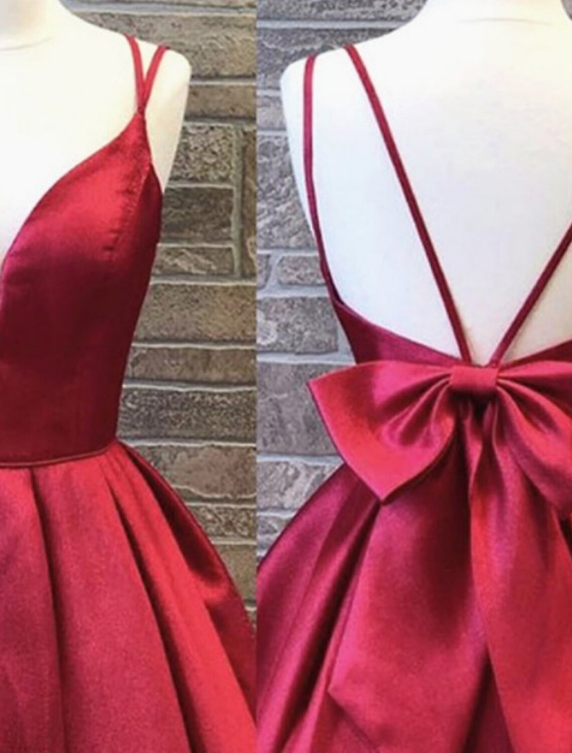 Back view of A-Line charmeuse dress showing backless design and bows.