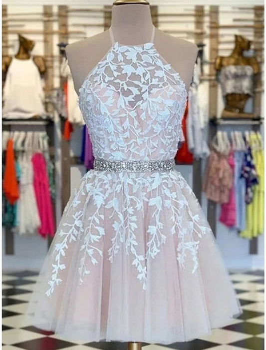 Front view of an A-line floral tulle homecoming dress with a halter neckline and appliques.