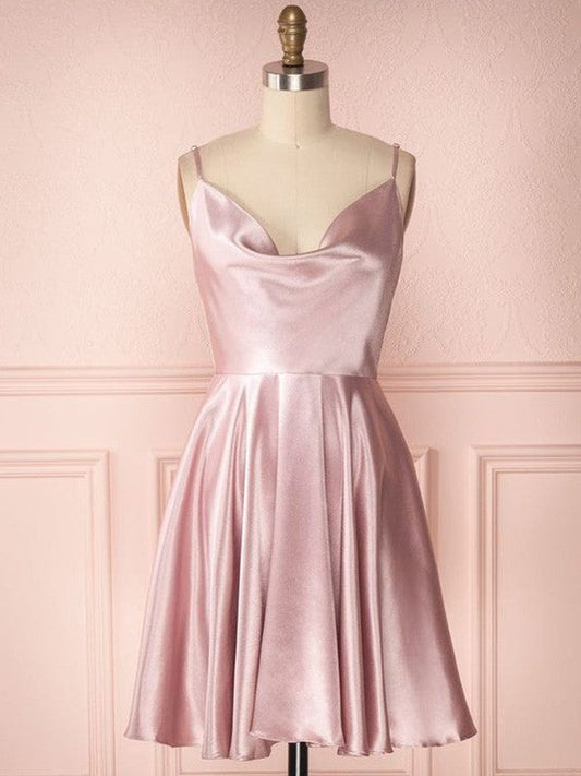 A-Line homecoming dress made of silk-like satin with ruffles, spaghetti straps, and a short length.