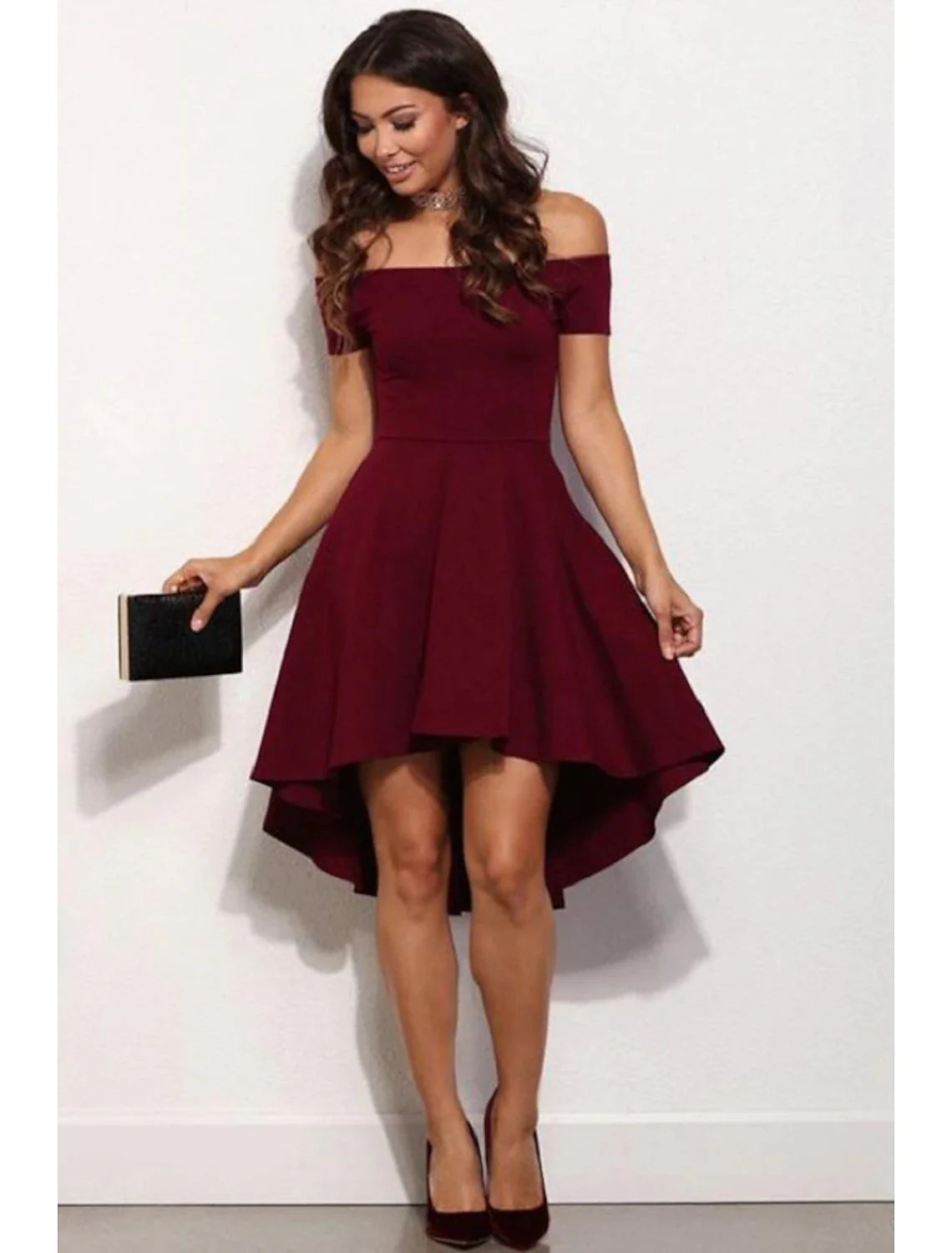 Back view of an A-line off-shoulder short stretch satin dress.