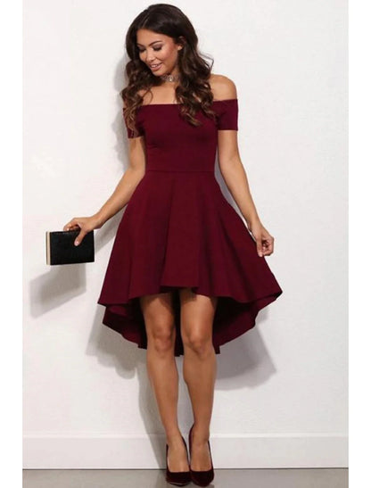 Back view of an A-line off-shoulder short stretch satin dress.