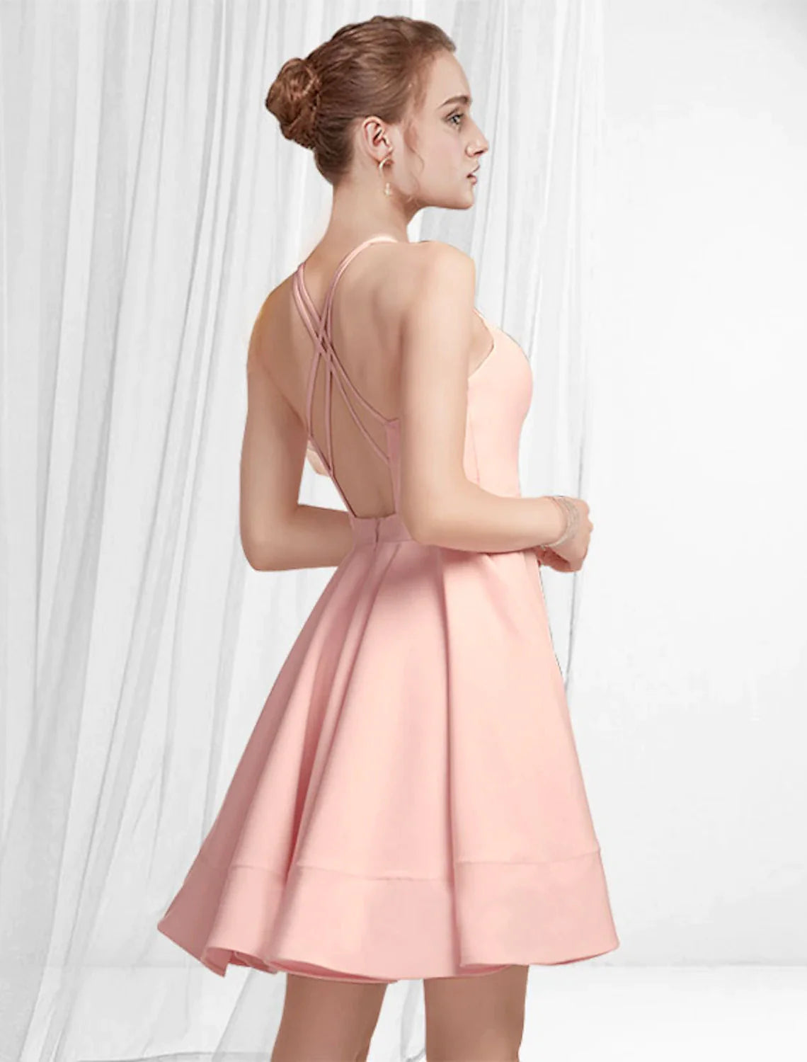 Elegant short satin homecoming dress with A-line silhouette and pleats.