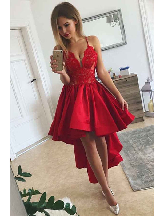 Elegant A-Line satin prom dress with an asymmetrical V-neck, sleeveless design, and delicate pleats.