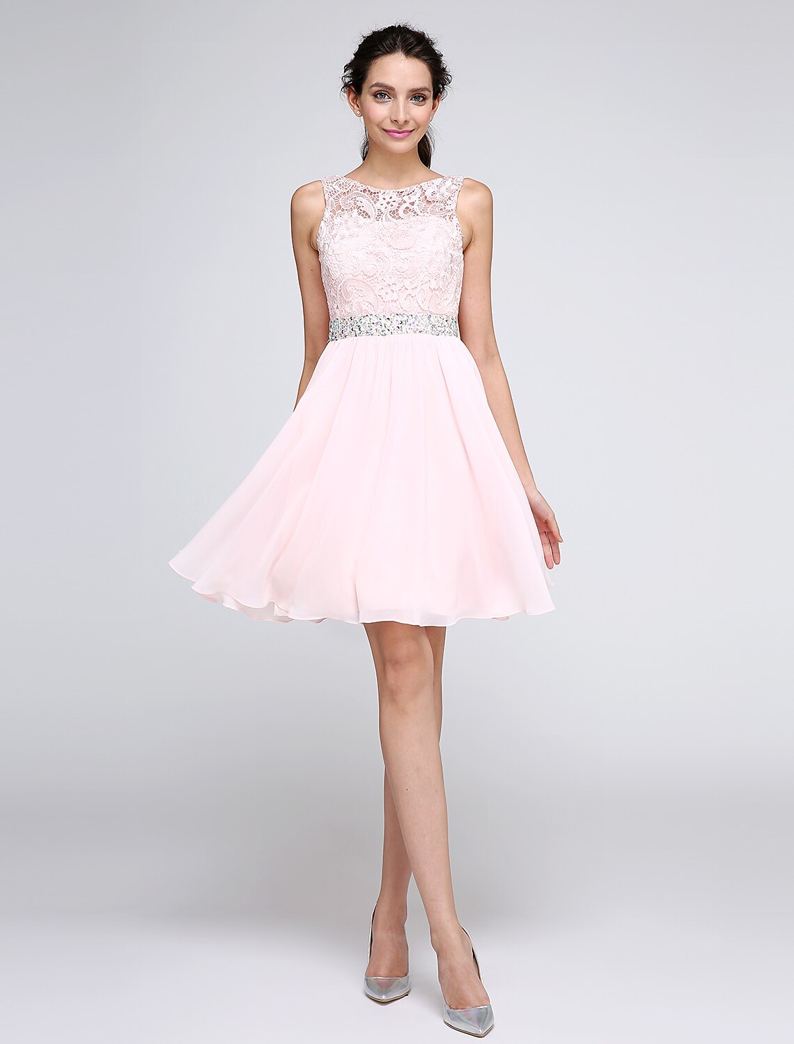 A-Line short homecoming dress with illusion neckline.