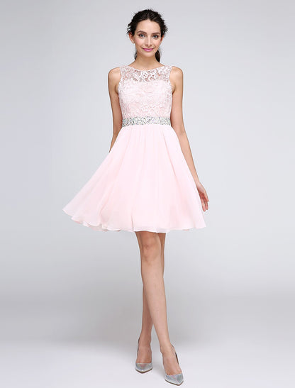 A-Line short homecoming dress with illusion neckline.