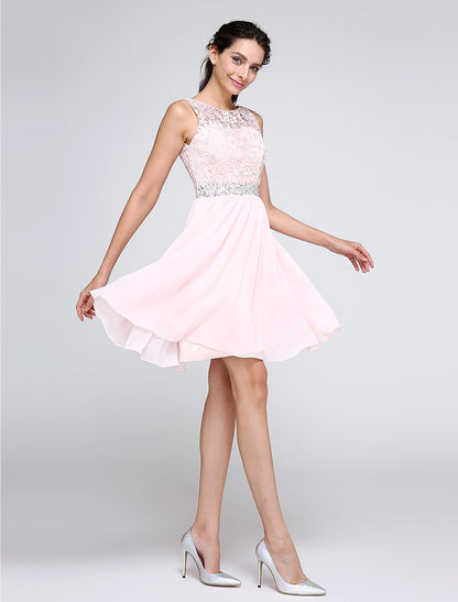 Elegant sleeveless chiffon mini dress for special occasions.