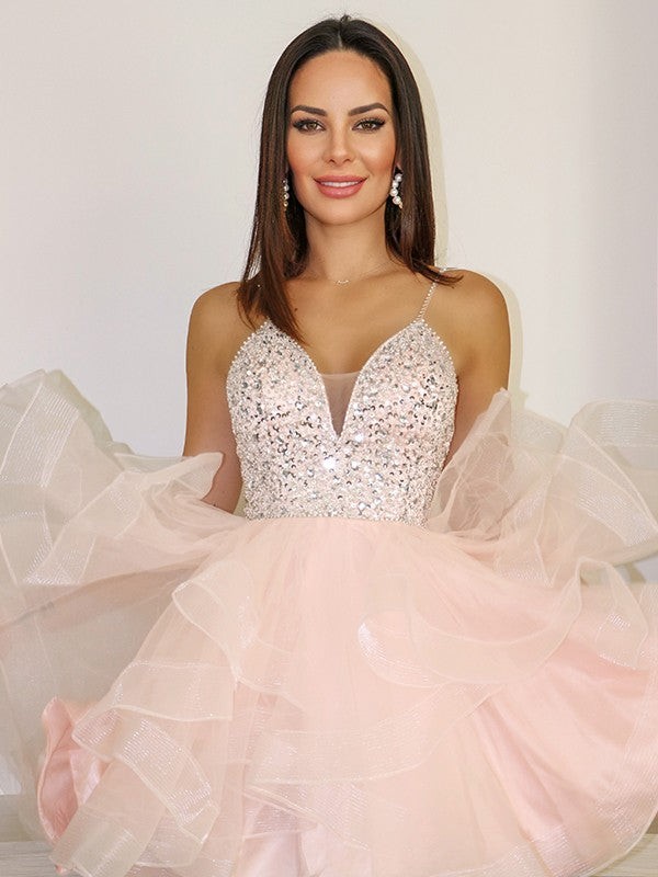Close-up of the beaded bodice on the A-line tulle homecoming dress.