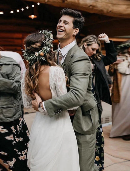 Side view of the A-Line Boho wedding dress, showing the sweep train.