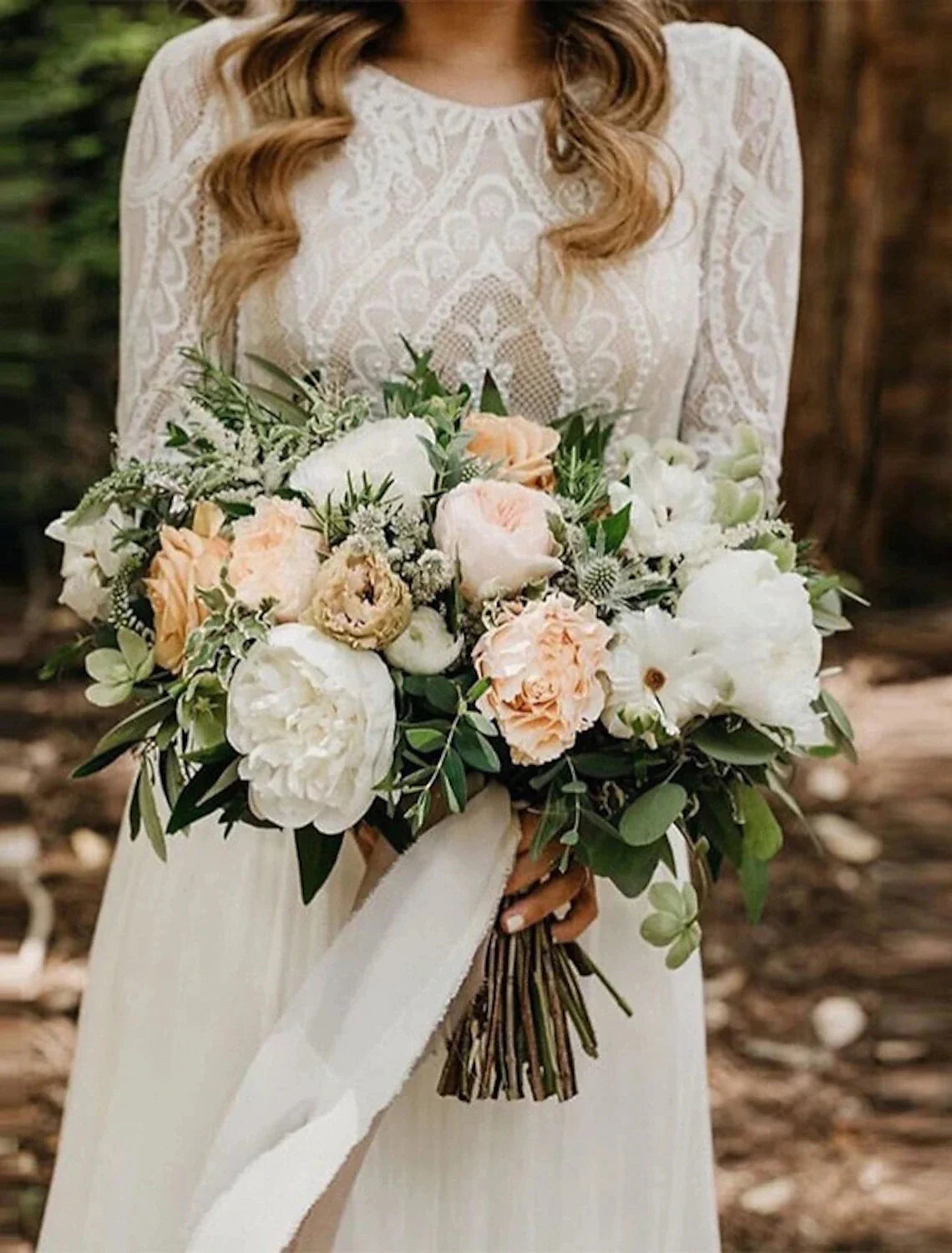 Front view of the Boho A-Line wedding dress with scoop neck and long sleeves.