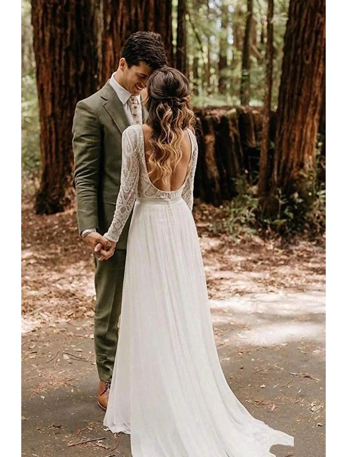 Back view of the Boho A-Line wedding dress, highlighting the open back design.
