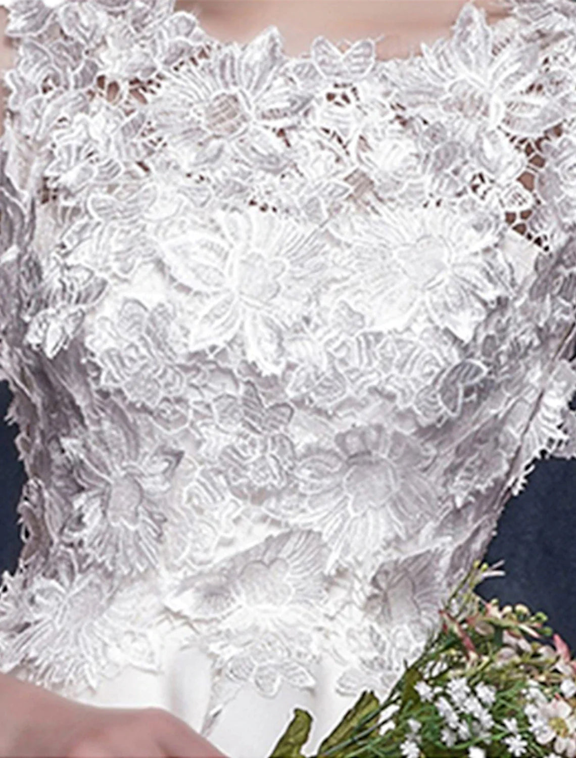 Full view of a model wearing the charming white floral mini ball gown.