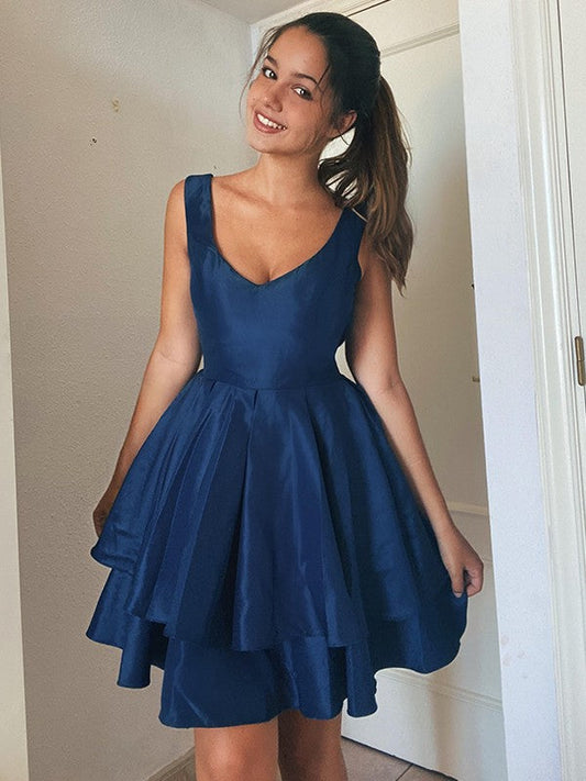 Front view of a chic A-Line Princess short homecoming dress with spaghetti straps.