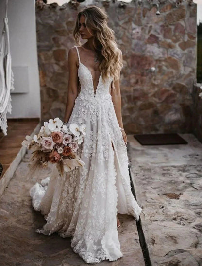 Boho bridal gown featuring a stylish split front for ease of movement.