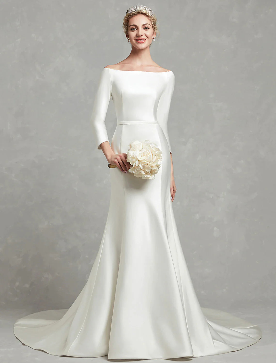 Mermaid off-shoulder satin wedding dress with 3/4 sleeves and chapel train.