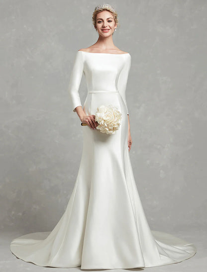 Mermaid off-shoulder satin wedding dress with 3/4 sleeves and chapel train.