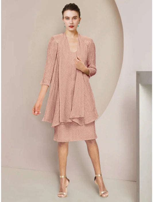 Petite two-piece mother of the bride dress with scoop neck, lace 3/4 sleeves, and pleated knee-length skirt.