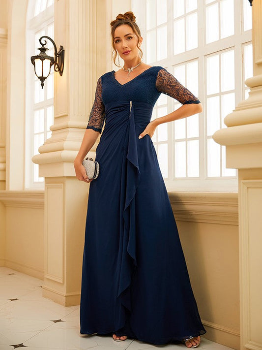 Light blue A-line chiffon evening gown with V-neck and half sleeves.