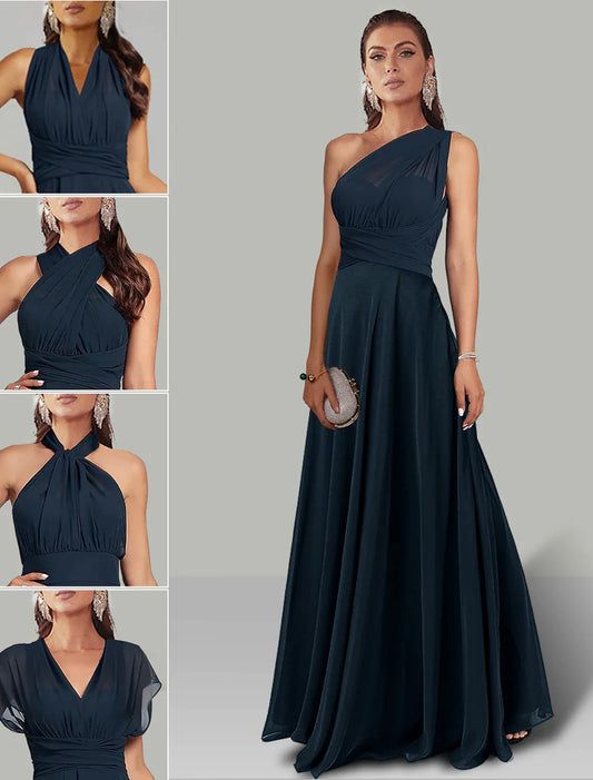 Model in a light blue A-line convertible infinity dress with halter neck and ruched details.