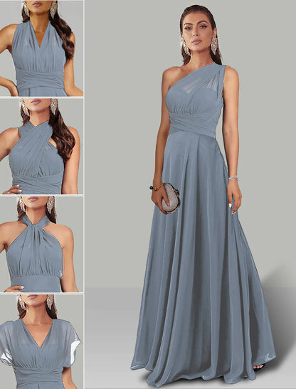 Model in a dark blue A-line convertible infinity dress, showcasing the flowing chiffon fabric.