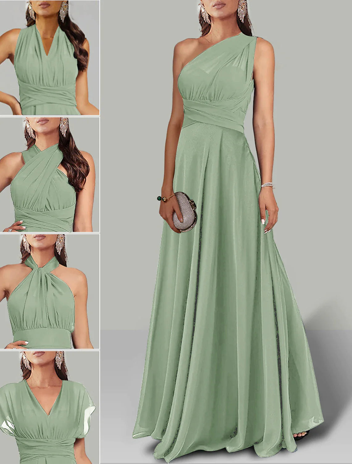 Model in a pink A-line convertible infinity dress, highlighting short sleeves and floor-length design.