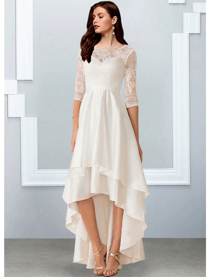 Model wearing an elegant A-line little white reception wedding dress with illusion neck and half sleeves.