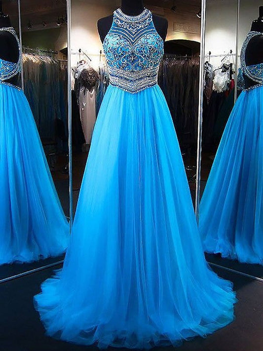 Elegant A-Line jewel neck tulle gown with intricate beading and sweep train.