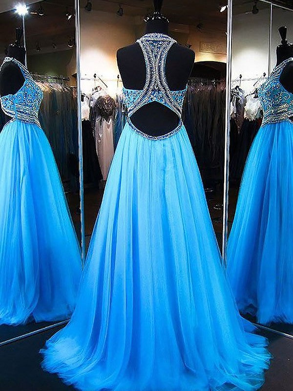 Back view of a sleeveless A-Line formal dress with a beaded bodice and tulle sweep train.