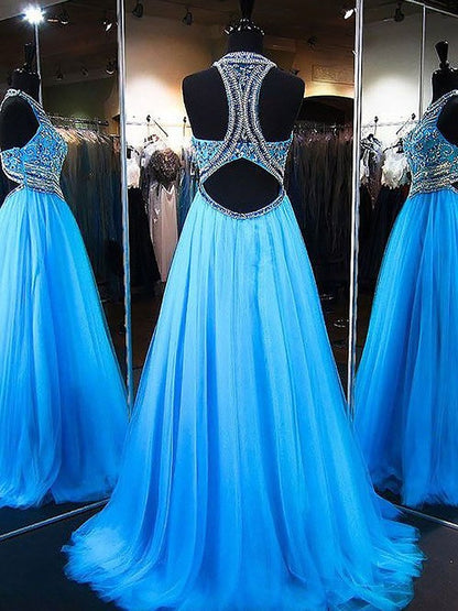 Back view of a sleeveless A-Line formal dress with a beaded bodice and tulle sweep train.