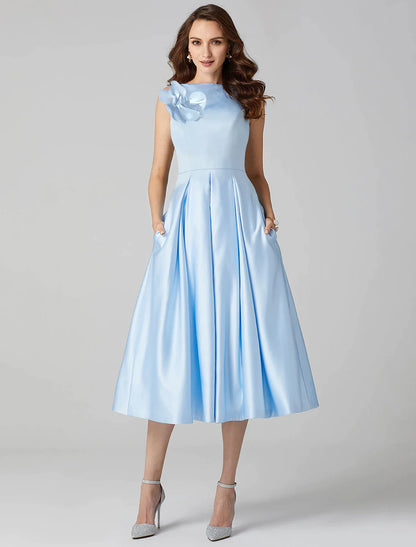 Elegant A-Line satin tea length cocktail dress with jewel neck and shoulder flower.