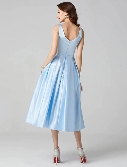 Sleeveless formal party dress in A-Line silhouette with pleats and pockets.