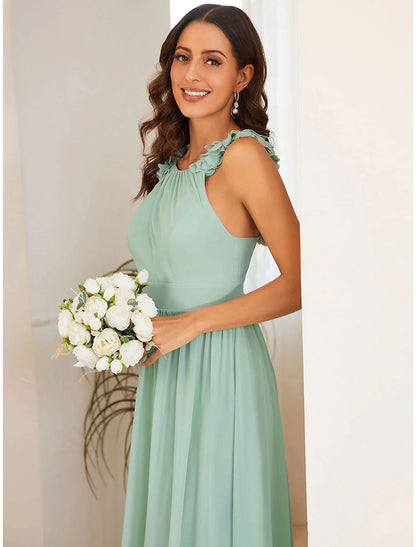 Back view of a floor-length A-line chiffon dress, suitable for formal events.