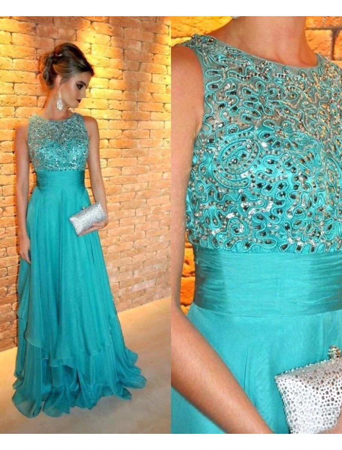 Elegant A-line evening gown with jewel neck, tiered skirt, and rhinestone details.