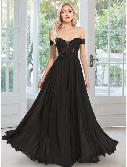 Elegant A-Line off-shoulder evening gown with floral appliques.
