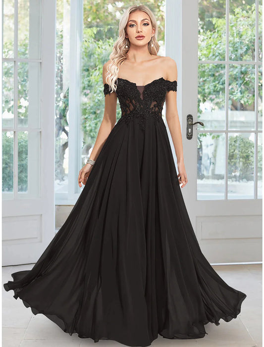 Elegant A-Line off-shoulder evening gown with floral appliques.