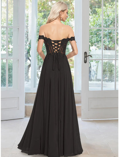 Back view of the floor-length A-Line prom dress.