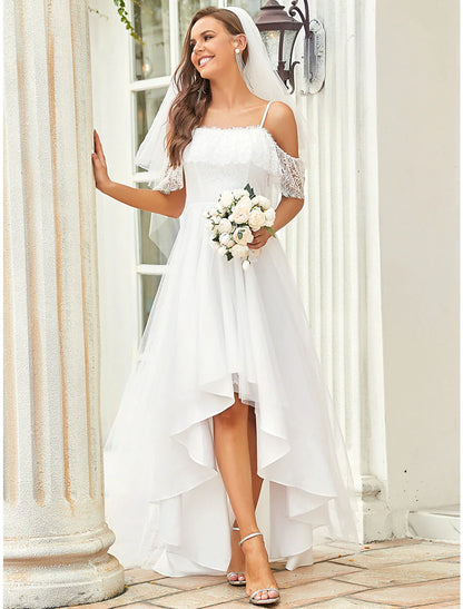 Close-up of delicate lace and off-shoulder detail on a white dress.