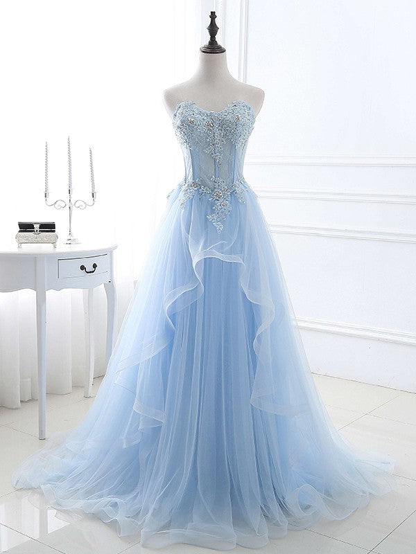 Elegant A-Line Princess tulle dress with sweetheart neckline and applique details.