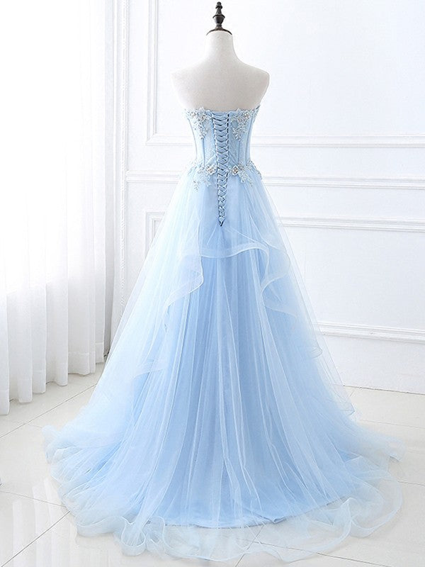 Full view of a sleeveless A-Line Princess gown with sweep train.