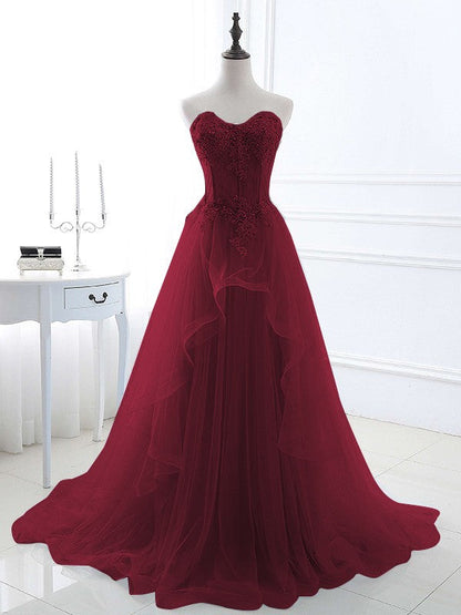 Burgundy A-Line Princess tulle dress for special occasions.