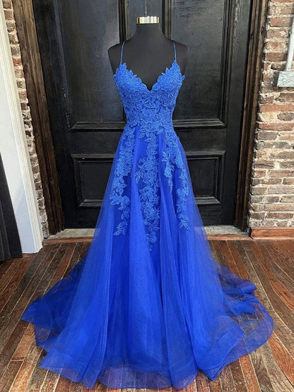 A-Line Princess Tulle Applique V-Neck Evening Gown.